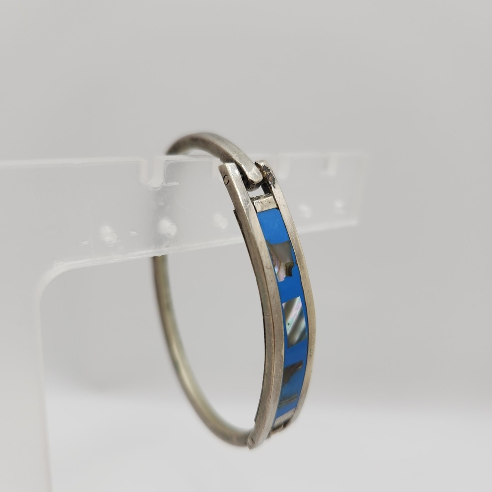Vintage Mexico Silver Abalone Blue Inlay Hinge Bangle Bracelet 5.5 Inch Slim